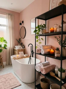 Soft pink bathroom featuring black open shelving