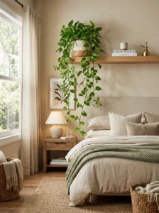 Pothos plant with trailing vines adding greenery and warmth to a cozy bedroom.