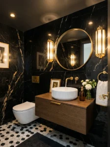 Black and white marble powder room with luxury decor