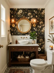 Black floral wallpaper accent wall in a powder bathroom