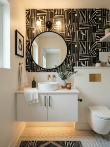 Black and white wallpaper accent wall in a small bathroom