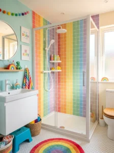 Rainbow tile shower design in a playful kids bathroom