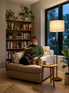 Living room task lighting with floor lamp beside a cozy reading chair.