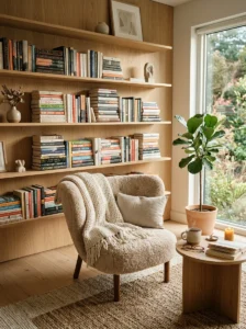 Bookshelves and stacked books styled beside a cozy reading nook chair.