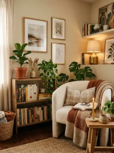 Personal decor styling creating a relaxing cozy reading nook atmosphere.