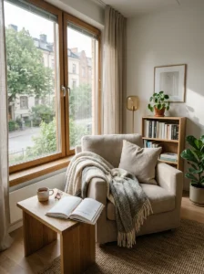 Quiet home corner transformed into a cozy reading nook beside a window.