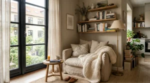 Cozy reading nook with armchair, warm lighting, and layered neutral decor in a small home corner.