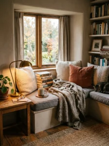 Relaxed cozy reading nook with soft blankets, books, and warm layered decor.