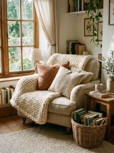 Layered textures making a reading nook feel warm and cozy.