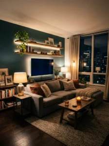 Warm layered lighting making a rental apartment feel cozy and inviting