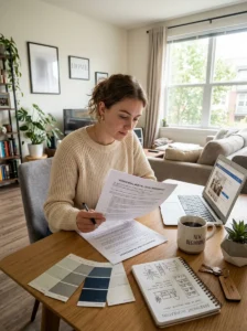 Renter reading apartment lease agreement before decorating the space