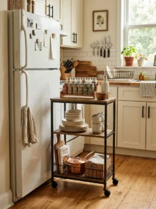 Rolling kitchen cart adding extra storage and workspace in a small kitchen.