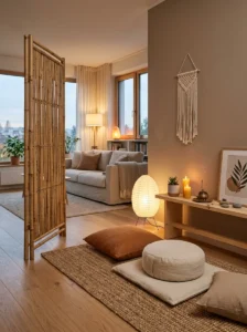 Bamboo room divider used in a meditation space