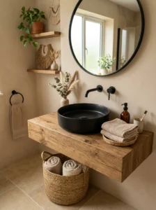 Round black sink softened with beige decor accents in cozy bathroom