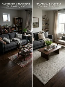 Comparison showing incorrect small rug placement versus properly sized area rug in living room.