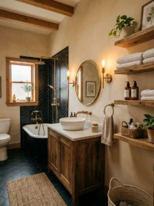 Rustic bathroom featuring black tile accents