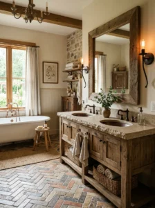 Herringbone tiles in a rustic bathroom interior