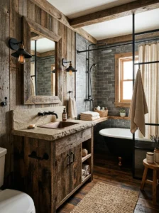 Rustic brown bathroom with black hardware accents