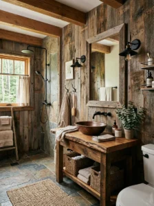 Rustic wood bathroom with black hardware accents