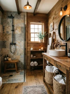 Stone look shower tiles in a rustic bathroom