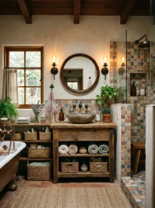 Mosaic tile details in a rustic bathroom