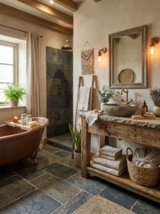 Slate tile flooring in a rustic bathroom design