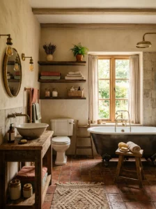 Terracotta bathroom tiles in a rustic interior