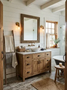 Wood look floor tiles in a warm rustic bathroom