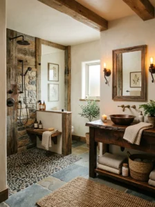 Pebble tile flooring in a rustic bathroom shower