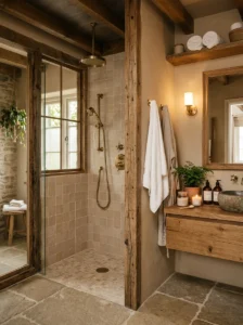 Rustic matte shower tiles with warm earthy tones
