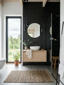 Scandinavian bathroom styled with black subway tiles
