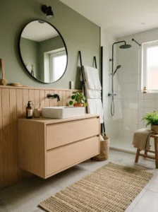 Scandinavian green and black bathroom with wood accents