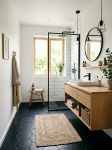 Scandinavian bathroom styled with black tiles and wood accents