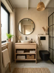 Scandinavian-style bathroom with black toilet and wood decor