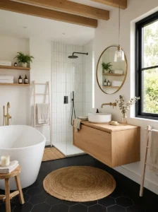 Scandinavian bathroom featuring black floor tiles