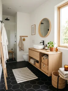 Scandinavian bathroom featuring black hexagon tile flooring