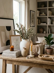 Bookshelf styling essentials including books, ceramics, baskets, candles, and framed artwork.