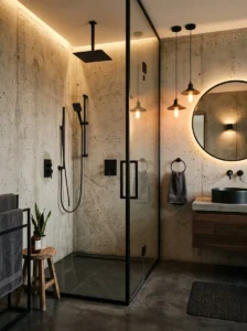 Black and concrete shower design with clean industrial style