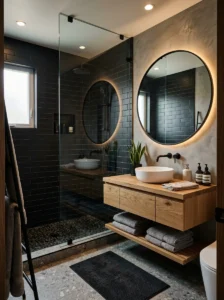 Matte black subway tile shower in a modern bathroom