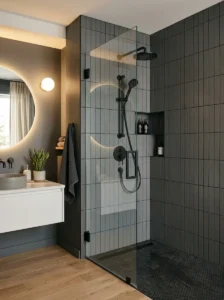 Vertical subway tile shower in a modern bathroom