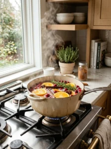 Simmer pot with oranges and cinnamon naturally fragranceing a cozy kitchen.