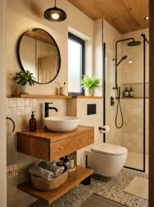 Black and wood bathroom small space warm design
