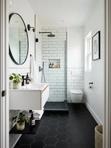 Black floor tiles with light walls small bathroom