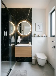 Small bathroom with black marble feature