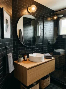 Small modern bathroom with black subway tile walls