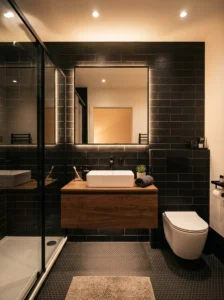 Small modern bathroom featuring black tiles