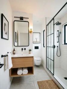 Small bathroom with black trim and white walls