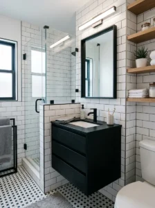 Black vanity with slim storage in small bathroom