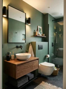 Small green bathroom with modern black fixtures