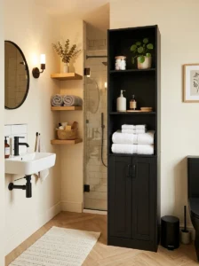 Slim black storage cabinet in a small modern bathroom